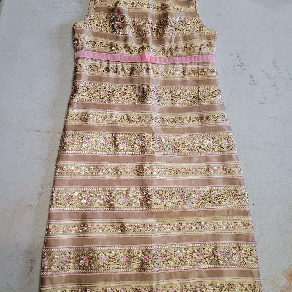 Parker Beige and Pink Embroidered Stripe Dress
